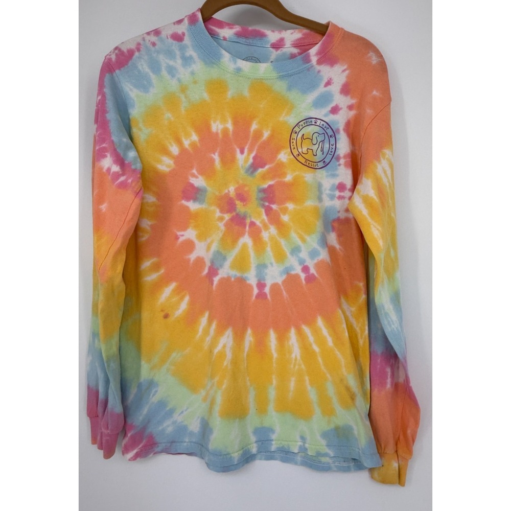 Puppie Love Tie Dye Long Sleeve Tee Rainbow Spiral Graphic Dog Logo Shirt Small